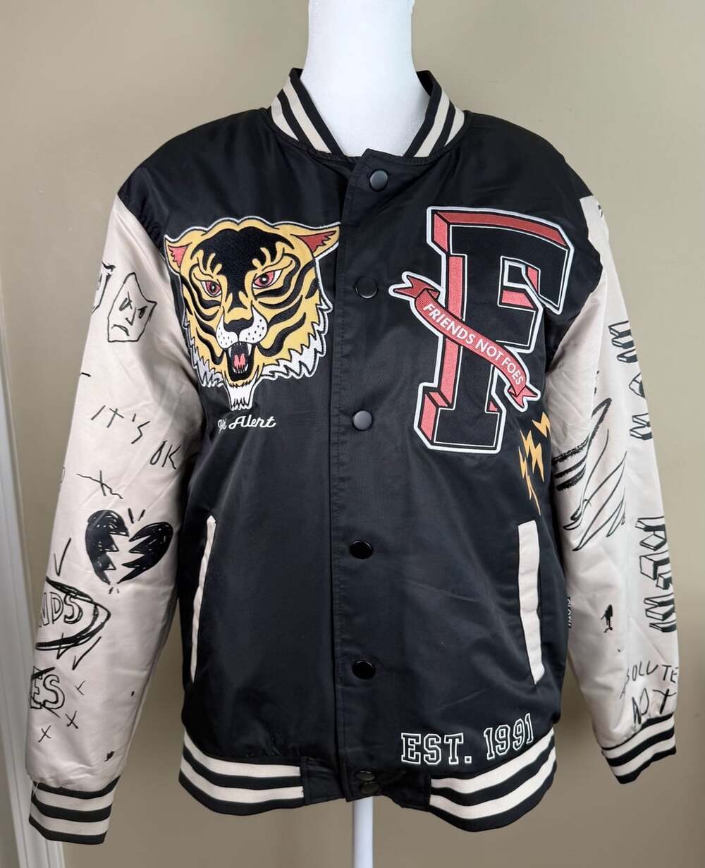 Brooklyn Cloth Friends Not Foes Varsity Jacket Size S Black Bomber